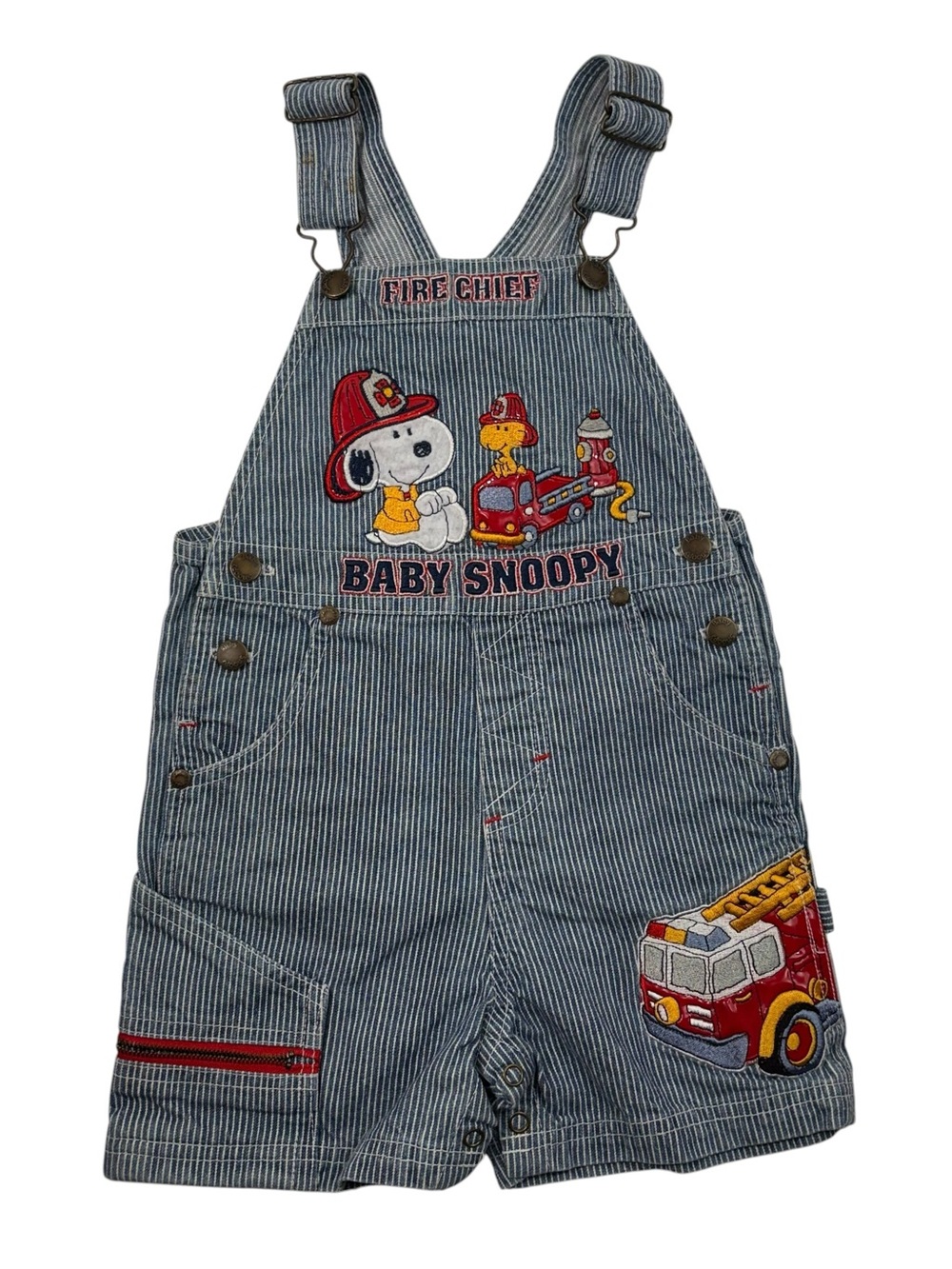 Vintage Y2K Peanuts Baby Snoopy Fire Chief Woodstock Striped Denim Overalls 24M
